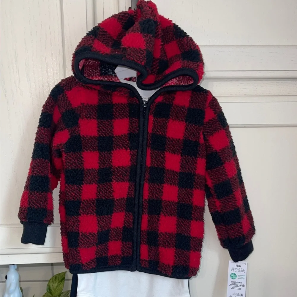Carters Baby 18M 3PC Plaid Fleece Jacket Penguin Bodysuit Pants Set Red Black